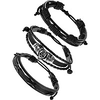 Hicarer 3 Pieces Leather Punk Bracelet For Men Women 80S Wristband Goth Punk Rock Bracelet Cuff Bangle Unisex For Halloween Part