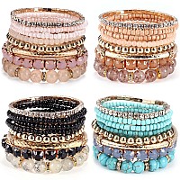 Milacolato 4 Sets Bohemian Bracelet Sets For Women Multicolor Bohemian Stackable Stretch Natural Stone Beaded Bracelets Layered