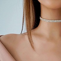 Luxval Tennis Necklace 14K Rose Gold Rhinestone Choker Necklaces For Women Dainty Zirconia Cut Faux Diamond Chain 6Mm Width 13In