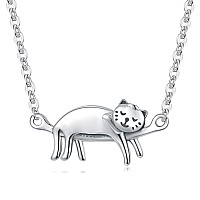 Cute Cat Pendant Necklace For Women S925 Sterling Silver Dorable Cat Sideway Necklaces Gifts Jewelry For Girls Feline Pet Lover