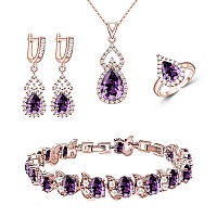 Lmxxvj Rose Gold Plated Jewelry Sets For Womenfeb Birthstone Purple Created Amethyst Necklace Earring Open Ring Bracelet Set C