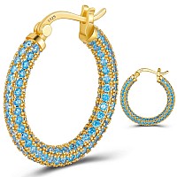 925 Sterling Silver Post Hoop Earrings For Women Gilrs Blue Cubic Zirconia 14K Gold Plated Chunky Gold Hoop Earrings Weinuo Jewe