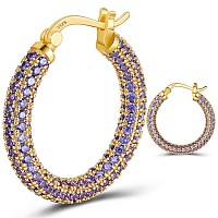 925 Sterling Silver Post Hoop Earrings For Women Gilrs Purple Cubic Zirconia 14K Gold Plated Chunky Gold Hoop Earrings Weinuo Je