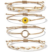 Fancy Shiny Sunflower String Bracelets Cute Beaded Handmade Rope Bracelet Set Adjustable Braided Circle Charm Bracelet Pack For