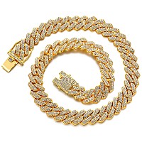 Junvirtuous Cuban Link Chain Mens Iced Out Miami Cuban Necklace Silvergold Bling Diamond Hip Hop Jewelry For Women 20 Inch Gol