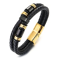 Coolsteelandbeyond Mens Doublerow Black Braided Leather Bracelet Bangle Wristband Black Gold Color Steel Ornaments