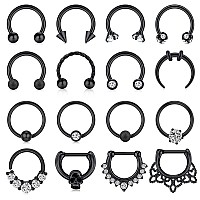 Tokring 16Pcs 16G Septum Nose Rings Stainless Steel Hinged Seamless Nose Hoop Ring Smiley Piercing Jewelry Horseshoe Helix Tra