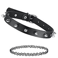 Bodyj4You 2Pc Choker Necklace Black Leather Metal Plug Spikes Goth Henna Tattoo Stretch Elastic 90S Jewelry Women Girl Teen Kids