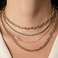 Luxval Tennis Necklace 14K Green Choker Necklaces For Women Dainty Zirconia Cut Faux Diamond Chain 3Mm Width 14Inches