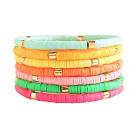 Goojids Surfer Heishi Clay Bead Bracelets For Women Bohemian Stackable Evil Eye Vinyl Disc Beaded Stretch Bracelets Elastic Laye