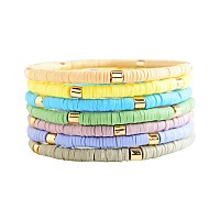 Goojids Surfer Heishi Clay Bead Bracelets For Women Bohemian Stackable Evil Eye Vinyl Disc Beaded Stretch Bracelets Elastic Laye