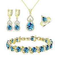 Lmxxvj Womens Jewelry Sets With Sky Blue Crystal Gold Plated Earring And Necklace Set Adjustable Ring Bracelet Birthdayann