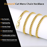 Jewlpire Gold Chain For Men Women Boys Diamond Cut Miami Mens Cuban Link Chain Necklace 4Mm Mens Chain 18K Gold Plated316L St