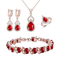 Lmxxvj Womens Jewelry Set With Created Red Ruby Birthstone Rose Plated Earring And Necklace Set Adjustable Ring Bracelet Girl