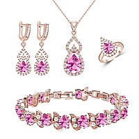 Lmxxvj Jewelry Set For Women Girlcute Princess Fire Pink Cubic Zirconia Stone Earring And Necklace Adjustable Ring Bracelet Set