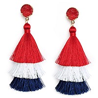 Patriotic Earrings Red White And Blue Tassel Earrings Dangle American Flag 4Th Of July Earrings For Women Usa Memorial Independe