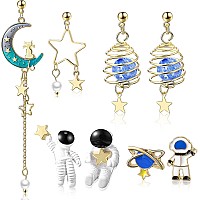 4 Pairs Astronaut Stud Earrings Asymmetric Spaceman Star Moon Earrings Planet Star Stud Dangle Earrings For Women Vivid Style