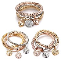 Silaner Crystal Charms Multilayer Bracelets 3Pcs Goldsilverrose Gold Corn Chain Bracelet For Women Tree Of Life Heart Shape