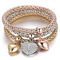 Silaner Crystal Charms Multilayer Bracelets 3Pcs Goldsilverrose Gold Corn Chain Bracelet For Women Tree Of Life Heart Shape