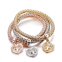 Silaner Crystal Charms Multilayer Bracelets 3Pcs Goldsilverrose Gold Corn Chain Bracelet For Women Tree Of Life Heart Shape