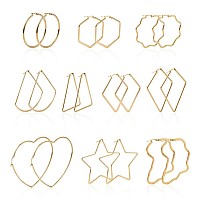 Cheriswelry 10Pairs 201 304 Stainless Steel Big Hoop Earrings Hypoallergenic Golden Hoop Earrings Geometric Beaded Hoop Earrin