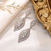 Flyonce Womens Rhinestone Crystal Wedding Bridal 2 Leaf Drop Dangle Chandelier Earrings Iridescent Clear Ab