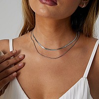 Tasiso Stainless Steel Herringbone Choker Necklace Set Double Layer Snake Chain Herringbone Chain Necklace Flat Snake Choker Nec