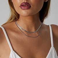 Tasiso Stainless Steel Herringbone Choker Necklace Set Double Layer Snake Chain Herringbone Chain Necklace Flat Snake Choker Nec