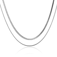 Tasiso Stainless Steel Herringbone Choker Necklace Set Double Layer Snake Chain Herringbone Chain Necklace Flat Snake Choker Nec