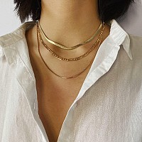 Tasiso 18K Gold Plated Herringbone Choker Necklace Set Three Layered Snake Chain Layering Herringbone Chain Necklace Flat Snake