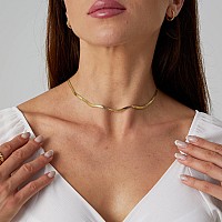 Tasiso 14K Gold Plated Choker Necklace Minimalist Flat Snake Chain Choker Dainty Tarnish Resistant Herringbone Necklace For Wome