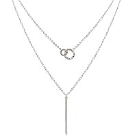 Aisansty Layered Circle Bar Pendant Choker Necklace For Women Girls Dainty Silver Plated Linked Circle Long Layering Chain Neckl