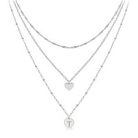 Aisansty Layered Silver Heart Initial Necklaces For Women Girls 14K White Gold Plated Handmade Dainty Tiny Heart Personalized Le