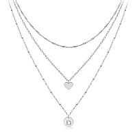 Aisansty Layered Silver Heart Initial Necklaces For Women Girls 14K White Gold Plated Handmade Dainty Tiny Heart Personalized Le