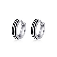 Immobird Mens Hoop Earrings Minimalistic Stylish Black Stripe S925 Sterling Silver Black Hoop Earrings For Father Son Or Boyfrie