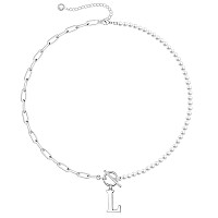 Dainty Initial Pearl Necklace For Women 14K White Gold Plated Paperclip Link Chain Necklace Toggle Clasp Necklace Initial Neckl