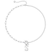 Dainty Initial Pearl Necklace For Women 14K White Gold Plated Paperclip Link Chain Necklace Toggle Clasp Necklace Choker Initia