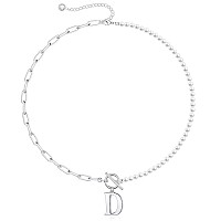 Dainty Initial Pearl Necklace For Women 14K White Gold Plated Paperclip Link Chain Necklace Toggle Clasp Necklace Initial Neckl