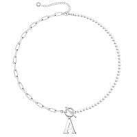 Initial Pearl Necklace For Women 14K White Gold Plated Paperclip Link Chain Necklace Toggle Clasp Necklace Initial Pearl Chain