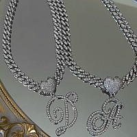 Blbljery X Initial Necklaces Silver Cuban Link Chain For Women Iced Out Chain With Heart Letter Pendants Custom Chain Name Neckl