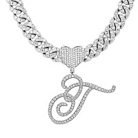 Blbljery T Initial Necklaces Silver Cuban Link Chain For Women Iced Out Chain With Heart Letter Pendants Custom Chain Name Neckl