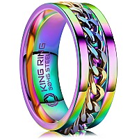 King Ring 8Mm Multicolor Spinner Ring Fine Polished Flat Fidget Ring For Men Women With Cuban Chain Rainbow Stainless Steel