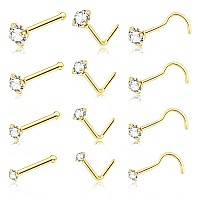 Daili 20G Gold Nose Rings Studs Surgical Steel L Shaped Nose Studs Hypoallergenic Corkscrew Nose Rings Tiny Cz Bone Nose Rings