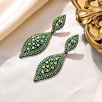 Flyonce Womens Rhinestone Crystal Wedding Bridal 2 Leaf Drop Dangle Chandelier Earrings Green Ab