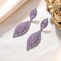 Flyonce Womens Rhinestone Crystal Wedding Bridal 2 Leaf Drop Dangle Chandelier Earrings Purple Silvertone