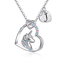 Hidepoo Unicorn Necklace Gifts For Girls 14K White Gold Plated Heart Pendant Colorful Cz Unicorn Necklace Initial J Pendant Uni