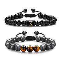 Storup Mens Gifts Ideas Mens Bracelet Natural Black Lava Rock Stone Mens Initial Obsdian Bracelets Gifts For Men Adjustable Bra