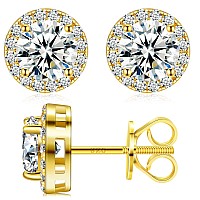 Moissanite Halo Earrings Screw Back 20Ct 65Mm2 18K Yellow Gold Plated 925 Sterling Silver Lab Round Cut Brilliant D Color Vvs