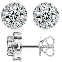 Moissanite Halo Earrings Screw Back 40Ct 8Mm2 18K White Gold Plated 925 Sterling Silver Lab Round Cut Brilliant D Color Vvs1 C