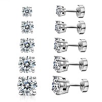 Kainier 5 Pairs 14K White Gold Plated Cz Stud Earrings Flat Back Earrings Simulated Diamond Round Surgical Steel Cubic Zirconia